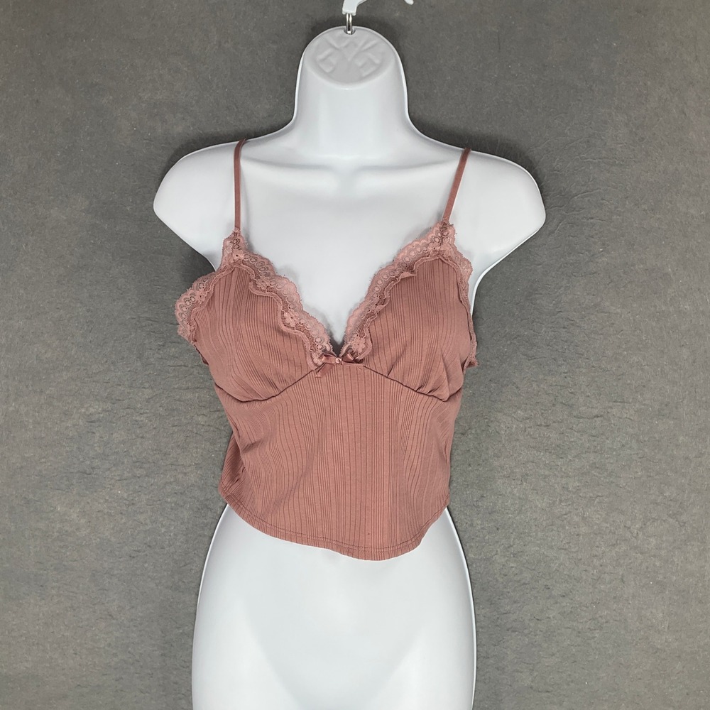 Bozzolo Ribbed Lace Trim Cami Crop Top Boho Womens Sz M Mauve Pink Babydoll